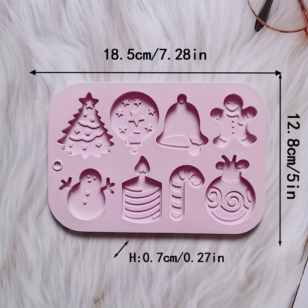 1 piece of Christmas Silicone Cookie Mold with 8 cavities, featuring shapes of Christmas tree, elk, bell, and snowman. This versatile mold can be used to make cakes, chocolates, biscuits, candies, jellies, and puddings. Perfect for creating festive