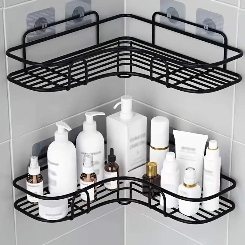 Corner bathroom shelf for outdoor use, no punching required; triangle-shaped storage rack for bathroom and kitchen accessories.