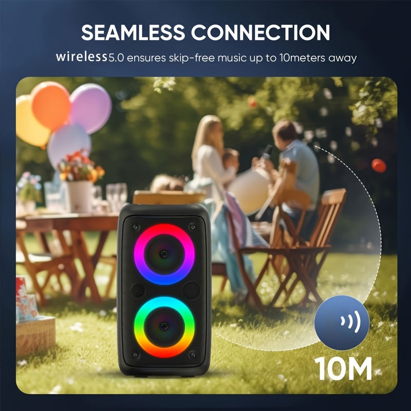 Portable wireless speaker with microphone, LED lights, 2400mAh lithium battery, ideal for home parties and outdoor camping.