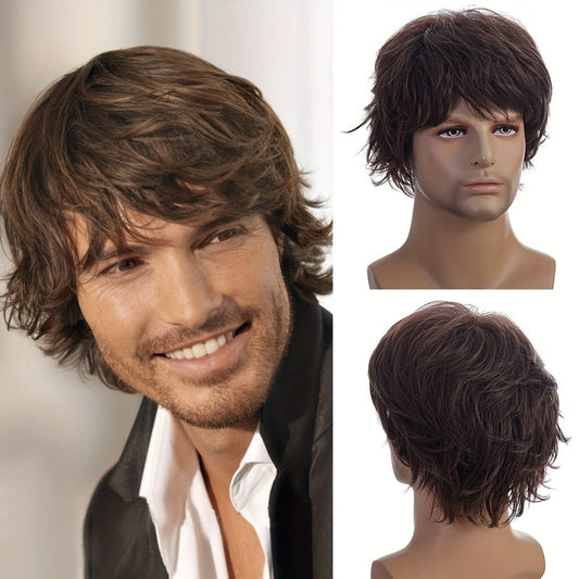 Fashionable men's wig with short curly hair and natural oblique bangs.