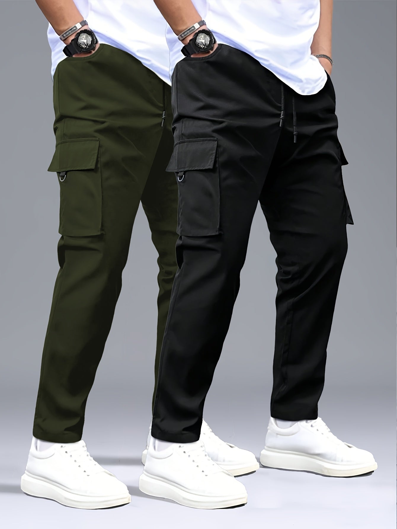 2 men's cargo pants in black and gray with drawstring waist, multiple pockets, made of durable polyester. Perfect for outdoor activities and casual wear.