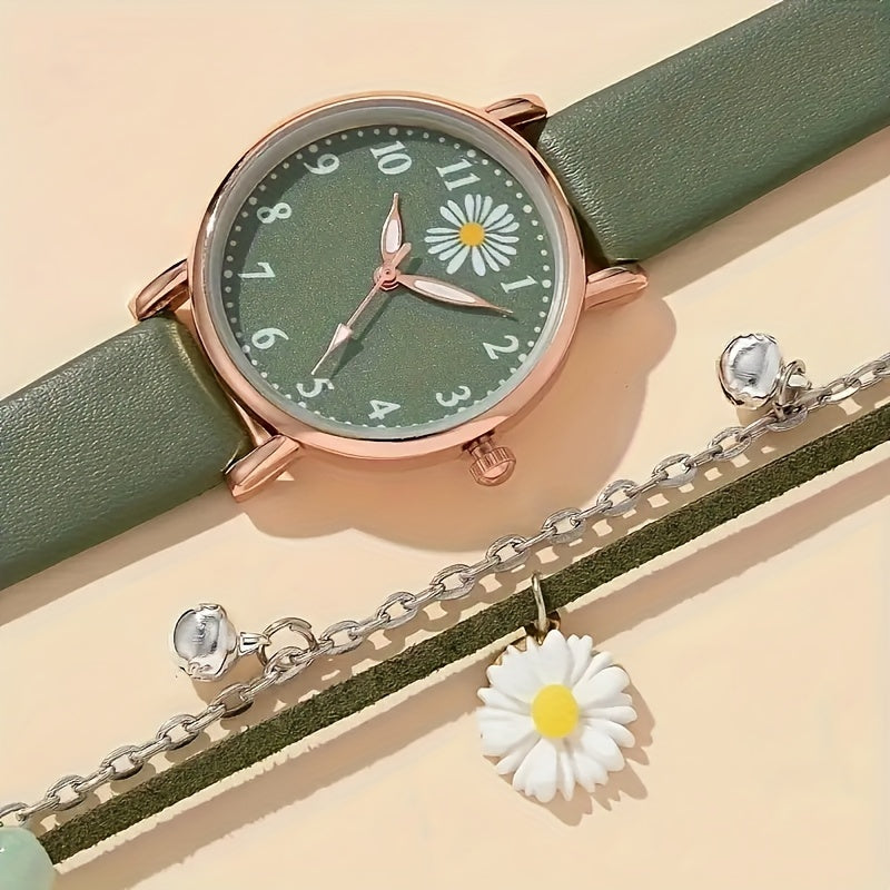 Set of 2 women's daisy design watch and charm bracelet, with faux leather strap, numerals display, zinc alloy case, and electronic movement. Non-rechargeable battery. Perfect gift for