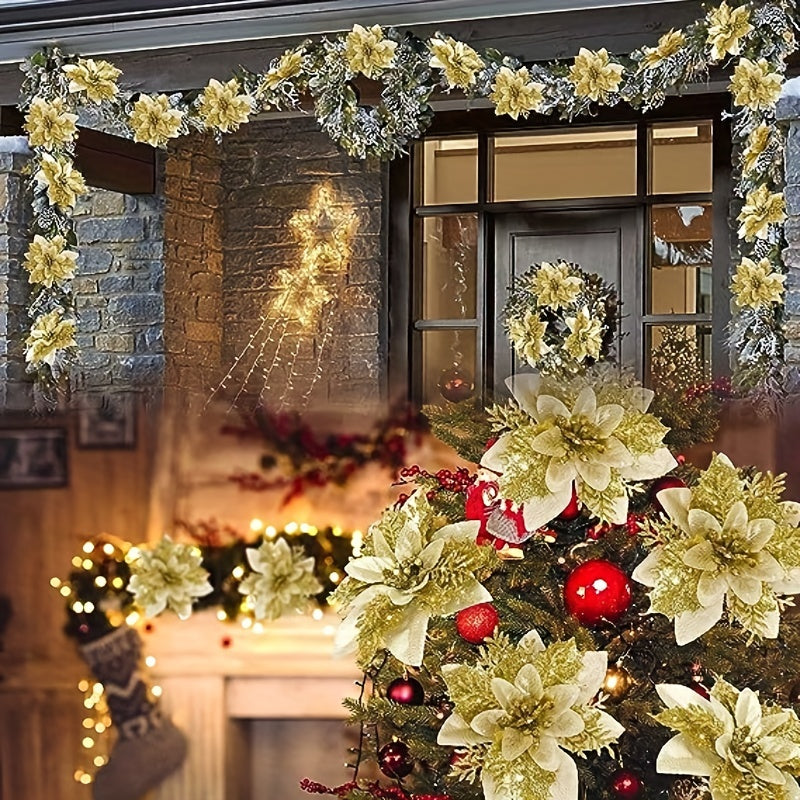 10 golden and silvery artificial Christmas decorations with red flowers, shiny ornaments, tree flower decorations, DIY wreath, holiday grass, and family party decor.