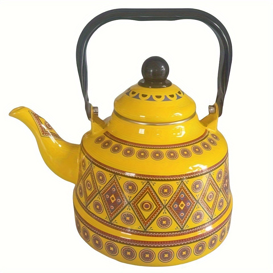 Enamel Hot Water Kettle with Geometric Print and Memory Flower Design, 1.1L capacity, suitable for household use. Features Ancient Clock and Target design. Versatile kettle suitable for brewing tea, coffee, or other beverages. Combines Middle Eastern and