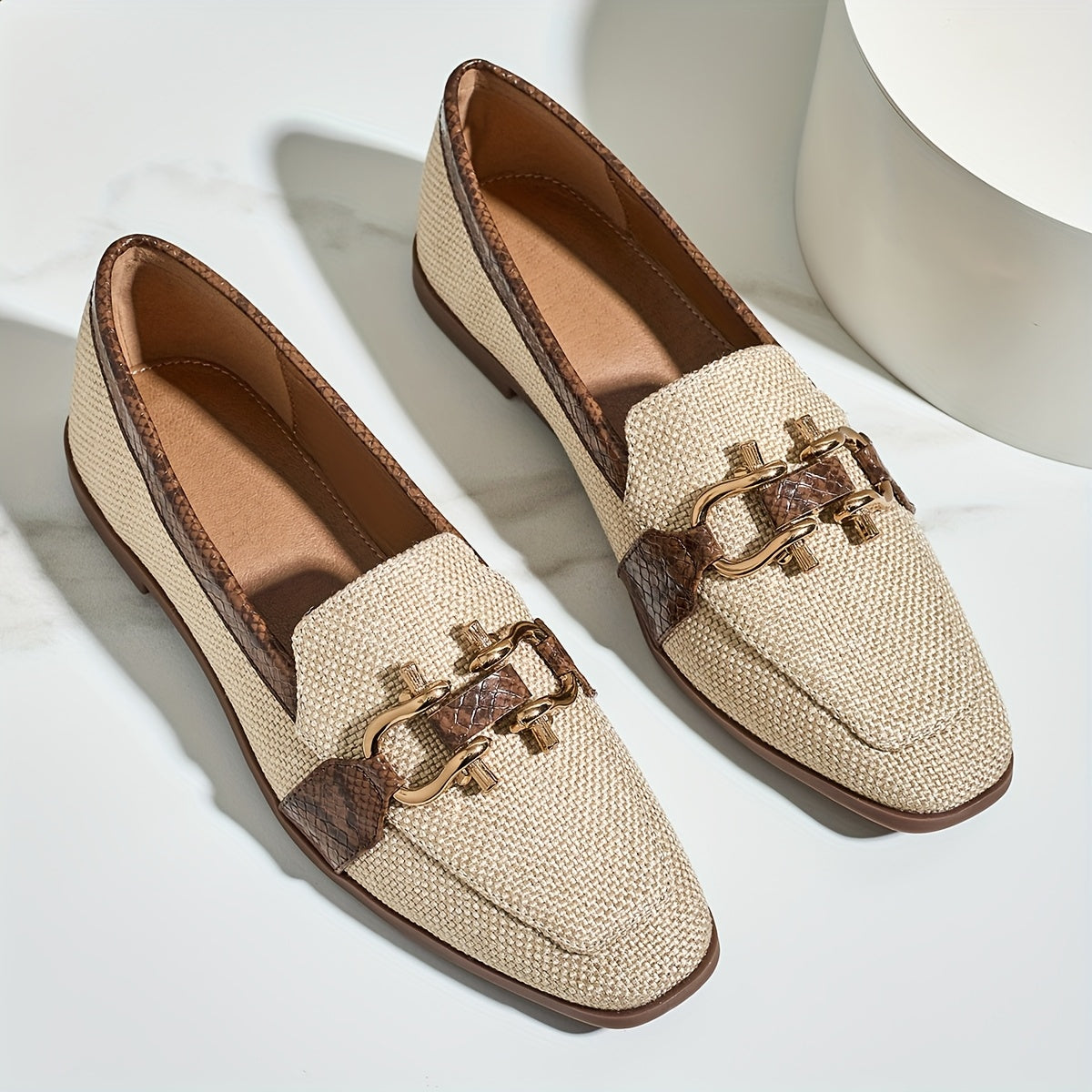 Vintage style women's flax loafers with snake print stud embellishment, square toe, and TPU sole for all-season comfort.