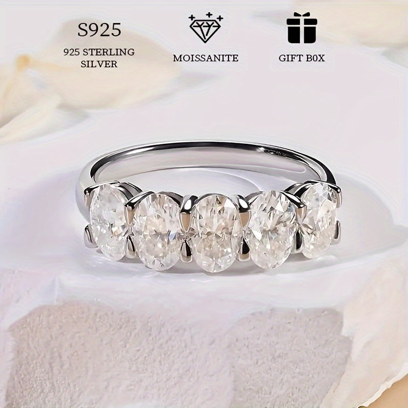 5 Egg Shaped Moissanite Ring in 6g of S925 Sterling Silver, Hypoallergenic, Total 2.5-5ct. Exquisite and Elegant, perfect for Valentine's Day Engagement/Wedding Gift for Women. Comes with a Bonus Moissanite Certificate in an Exquisite Gift Box.