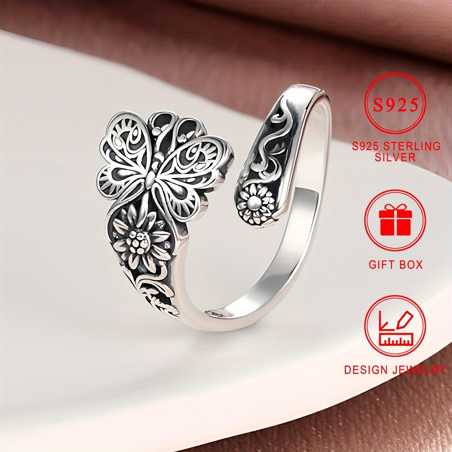 Retro Butterfly & Flower Carved Spoon Ring in 925 Sterling Silver with 18k Gold Plating - A Symbol of Beauty and History. High-Quality Gift for a Special Someone, Complete with Gift Box.