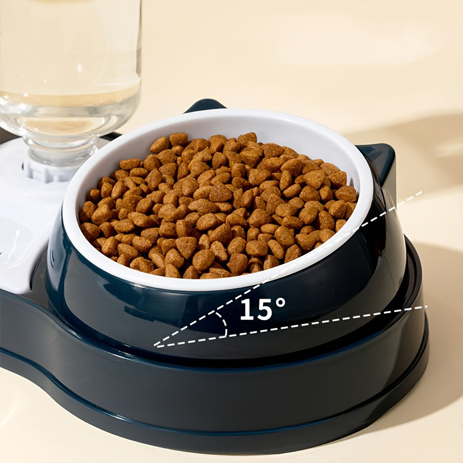 Elevated cat feeder with automatic water dispenser and tilted design for neck comfort, includes dry food and treat bowls, made of durable plastic, ideal for cats.