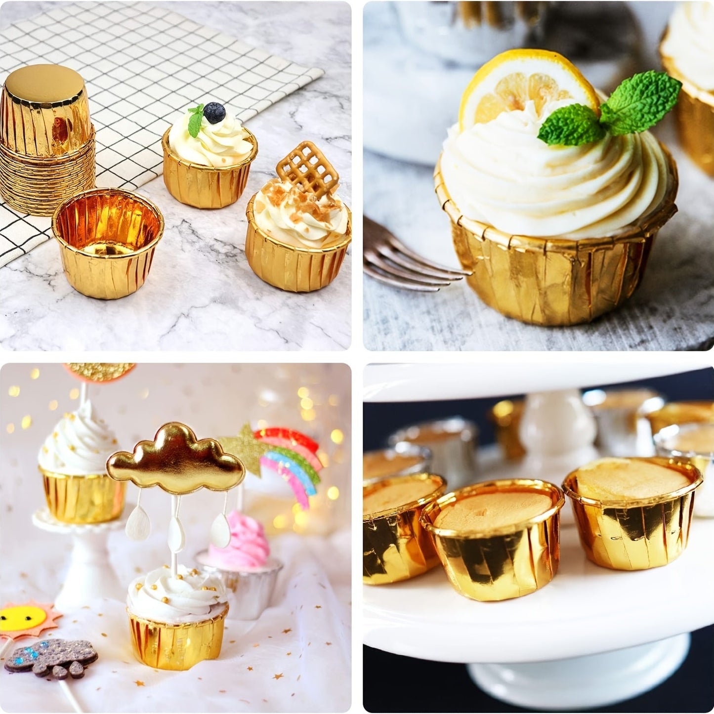 50 pieces of Golden Baking Cups - Disposable Ramekin Muffin Cups for Convenient Baking and Serving - Aluminum Cupcake Cups with Handy Pan Holders - Ideal for Small Foil Cups