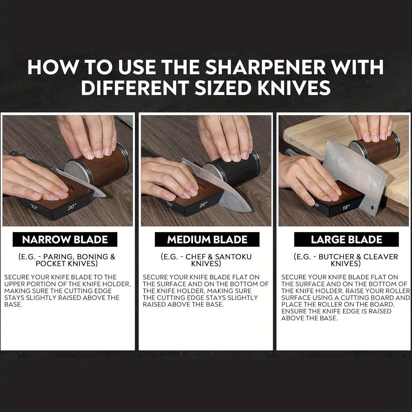 Upgrade your knife sharpener with our 1 set of Rolling Knife sharpener kit, featuring industrial diamond/stainless steel discs and an improved magnetic angle base with 4 settings (15/18/20/22°). This roller knife sharpening system is perfect for pocket