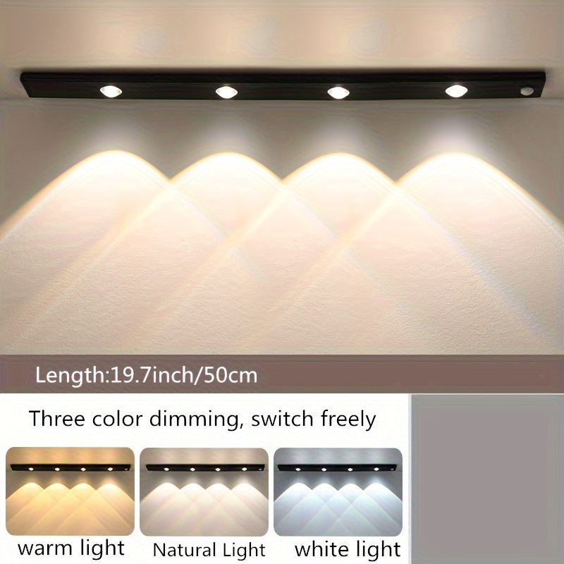 Wireless USB Rechargeable Motion Sensor LED Strip Light with 3 Color Dimming and Sunset Pattern - Ideal for Kitchen, Wardrobe, Cabinet, Bedroom - Ceiling or Wall Mount, Lithium Battery Powered.