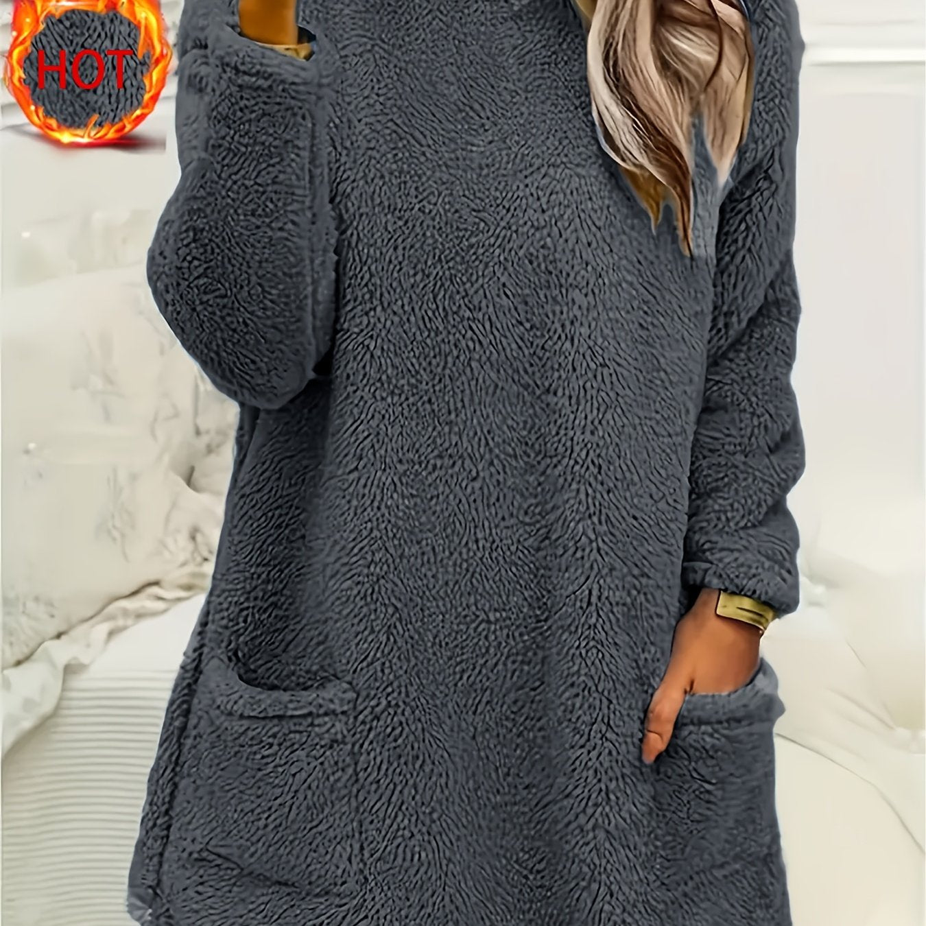 Cozy teddy fleece top for women, crew neck, long sleeve sweatshirt with pocket detail, perfect for fall/winter home wear.