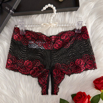 Floral lace panties with open crotch, mid-rise, and semi-sheer design, perfect for sexy lingerie.