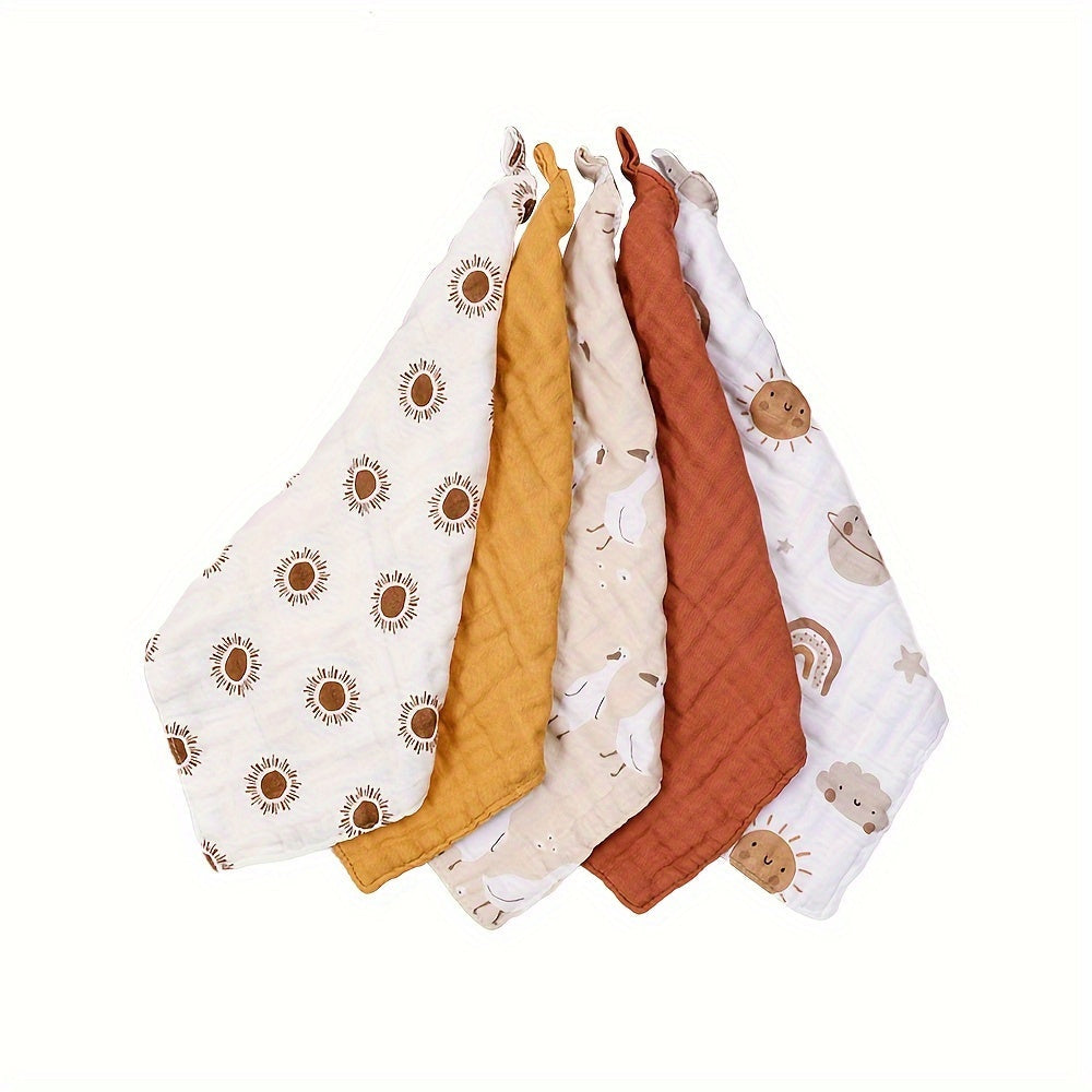 Set of 5 Bamboo Muslin Square Towels, 4 Layers of Soft Bath Towels, Featuring Cute Prints and Solid Colors - Perfect for Burp Cloths