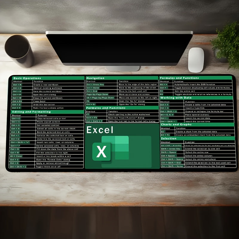 Excel Keyboard Shortcuts Mouse Pad with Large Rubber Base, Water-Resistant Fabric Surface for Gaming and Office Precision Control.