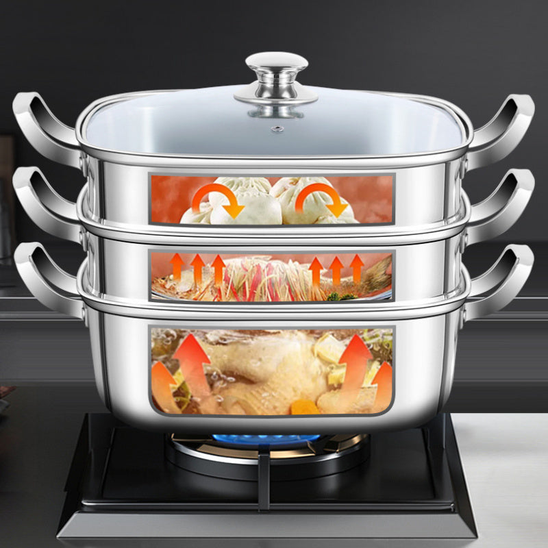 One piece of Stainless Steel 12-Inch Square 3-Tier Steamer featuring a Glass Lid, High Capacity, Durable Construction, Simple Maintenance, Versatile Kitchen Cookware