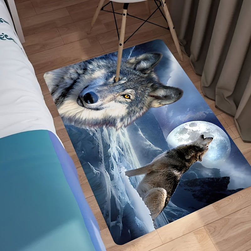 Decorate your home with this stunning 1-piece 3D snow wolf print rug, featuring a psychedelic motif design. This washable soft floor mat is perfect for any room in your home, including the living room, bedroom, bathroom, kitchen, laundry room, office