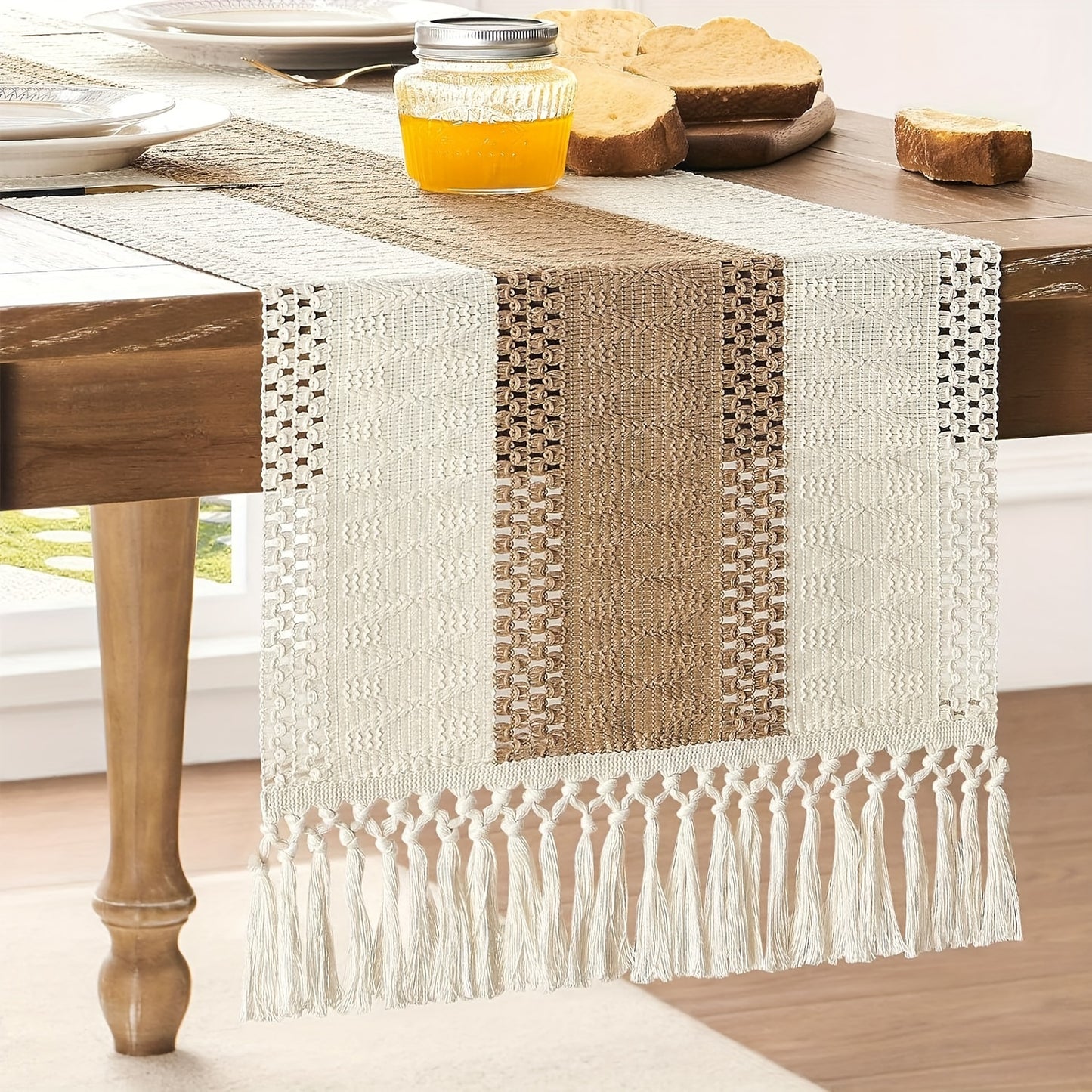 Bohemian Chic Table Runner with Tassels, Striped Design, Ideal for Various Rooms, Decorative Tassels