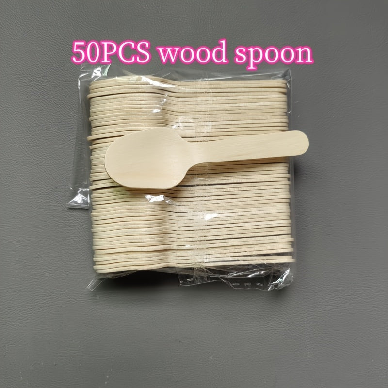 50 pieces of 8.51cm Elegant Disposable Wooden Tasting Spoons made from Birch, completely Biodegradable. Perfect for sampling yogurt, serving ice cream, desserts, or bath salts. Great for graduation season, picnics, parties, camping, festivals, birthdays