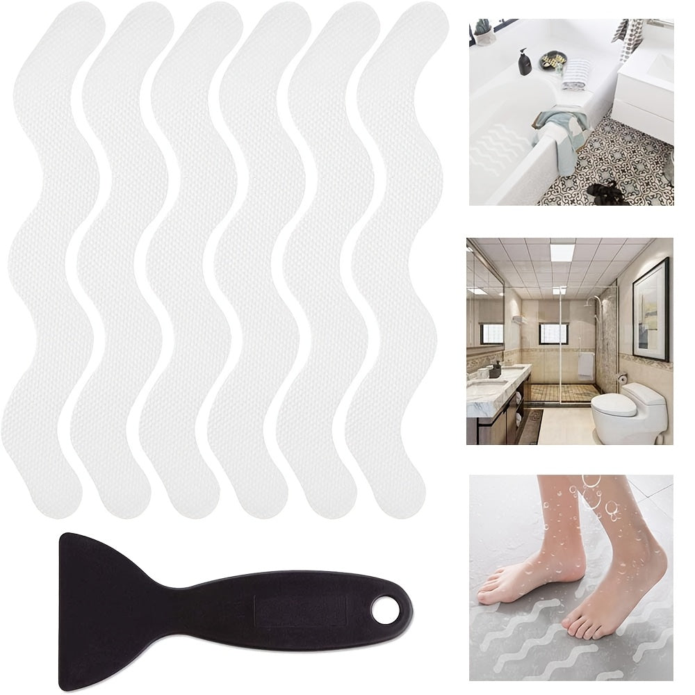 Safeguard your modern white bathroom with our transparent safety tape! This set includes 6, 12, 18, or 24 S-Wave Non-Slip Bathtub Strips, along with a scraper for easy installation. Ensure the safety of both your floors and tub with this practical and