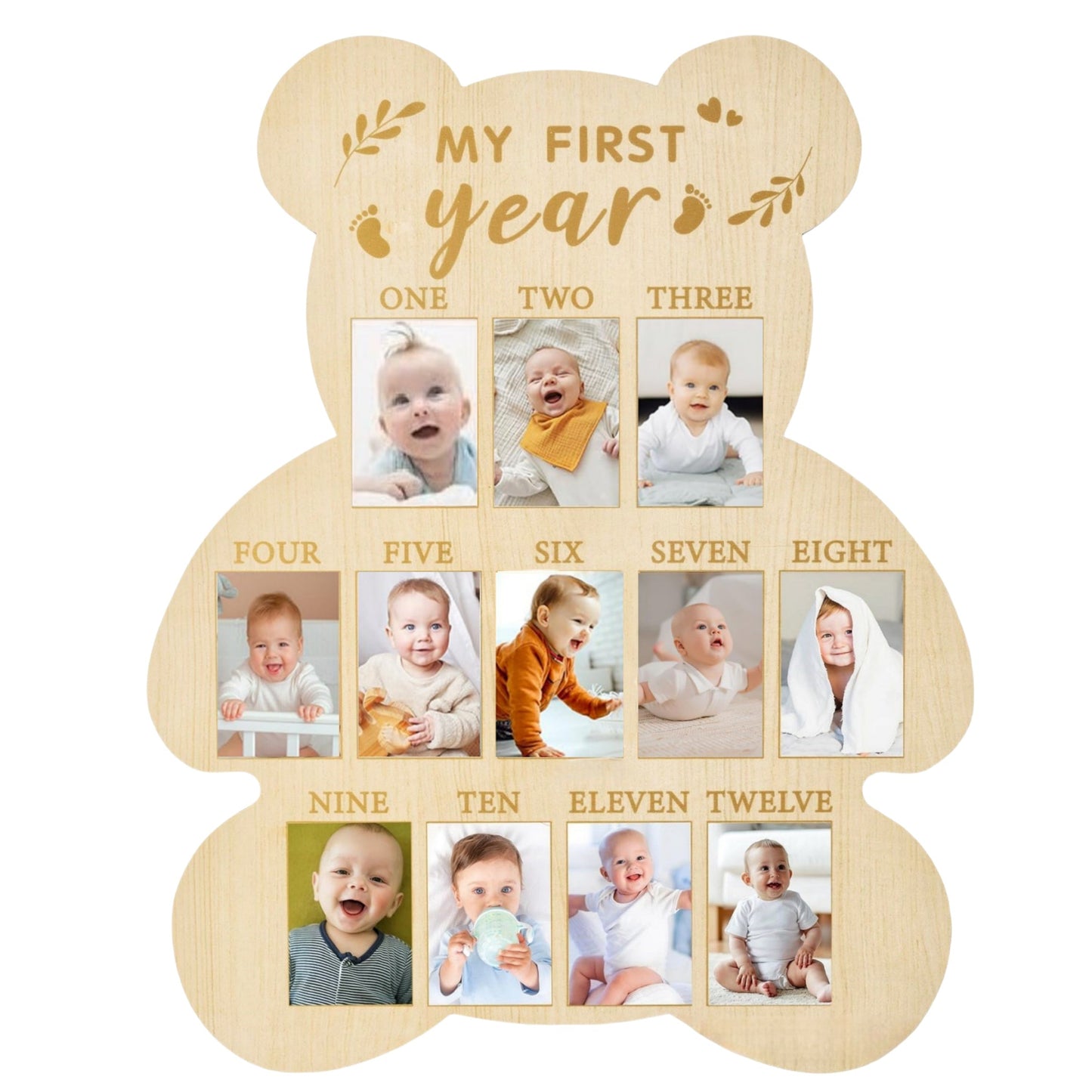 Charming Bear Wood Milestone Photo Frame - Comes with Calendar & Keepsake, Ideal for Nursery Decor & First Birthday Festivities