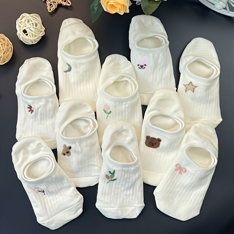 10 cute animal & floral no-show socks for women, breathable soft polyester blend, non-slip heel, perfect for spring & summer.