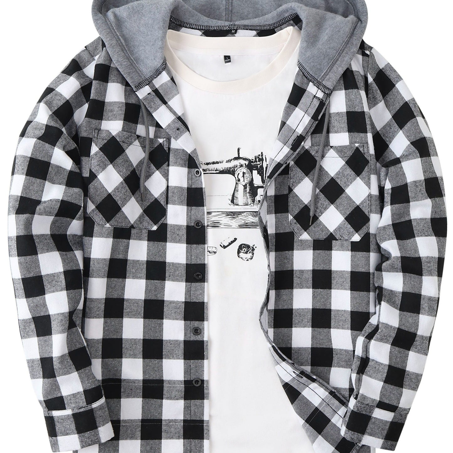 Men's plaid hooded shirt jacket with long sleeves and a regular fit.