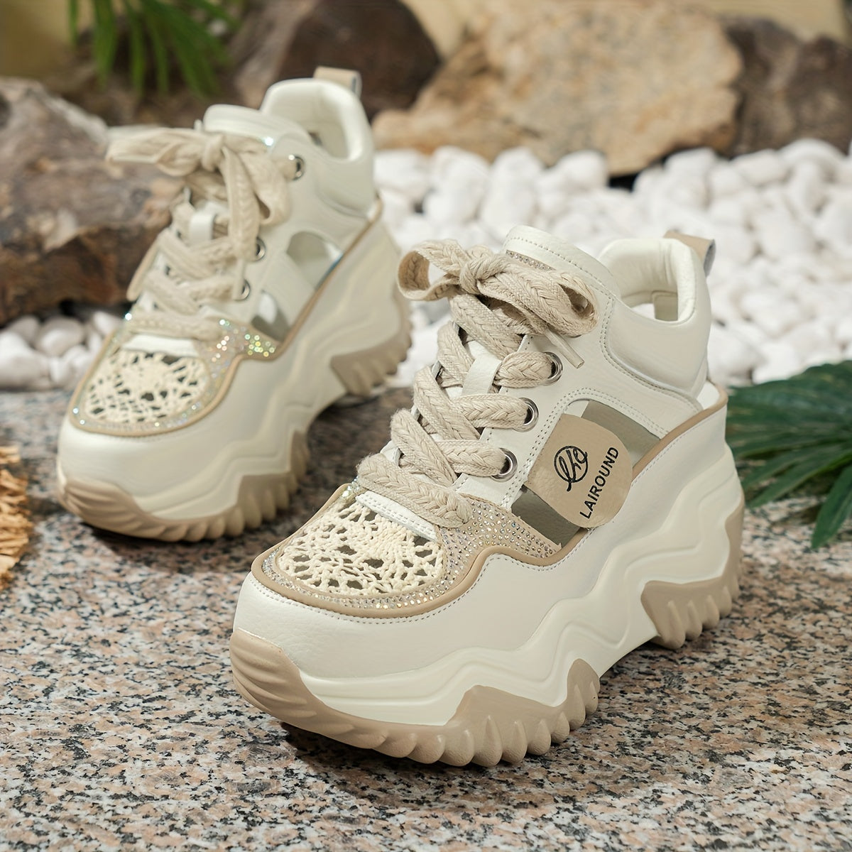 Solid color lace up platform sneakers with soft sole, hollow design, breathable and heightening low-top style for women.