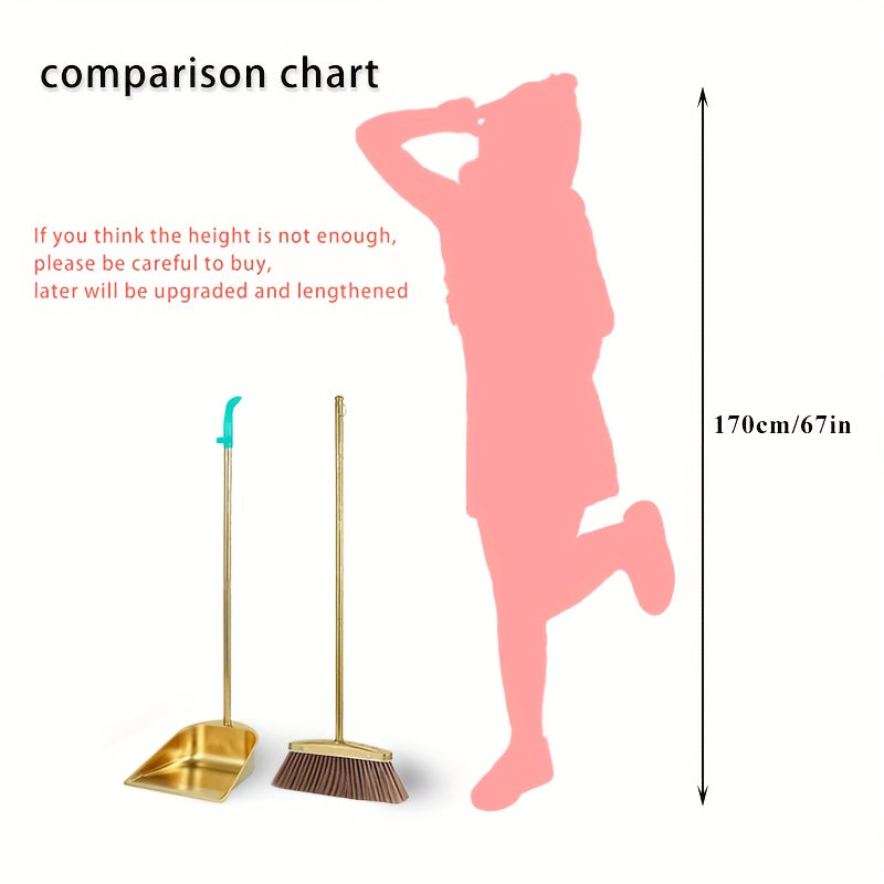 PMMJ Golden Stainless Steel Broom and Dustpan Set - Durable, Long Handle for Indoor/Outdoor Use, Vertical Design for Easy Cleaning, Upgrade Dustpan