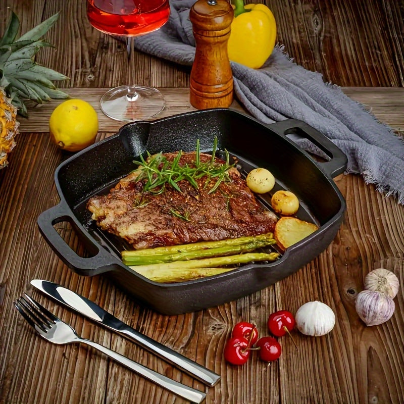 Square Striped Steak Pan: Durable Cast Iron, Non-Stick Coating, Oven-Safe Skillet for Gas & Induction Stoves - Ideal for Autumn Grilling Outdoors