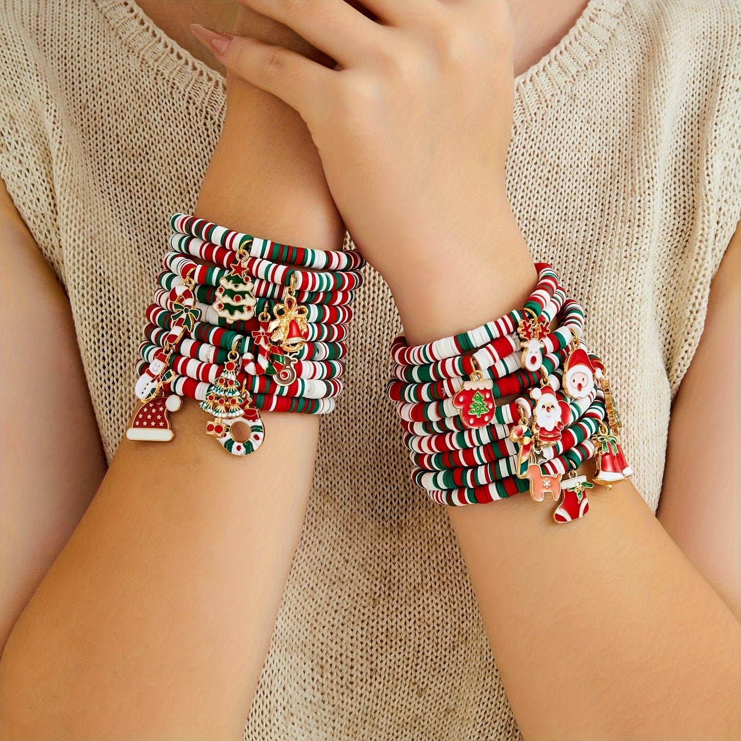 Get ready for the holiday season with this festive Christmas Charm Bracelet Set! Each set includes 10pcs of adjustable bracelets made with elastic polymer clay beads featuring Santa, snowflake, and tree designs. These bracelets are perfect for holiday