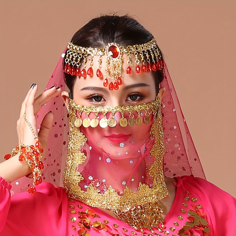 Women's Belly Dance Coin Face Covering Veil for Exotic Western Cosplay Dance Performance