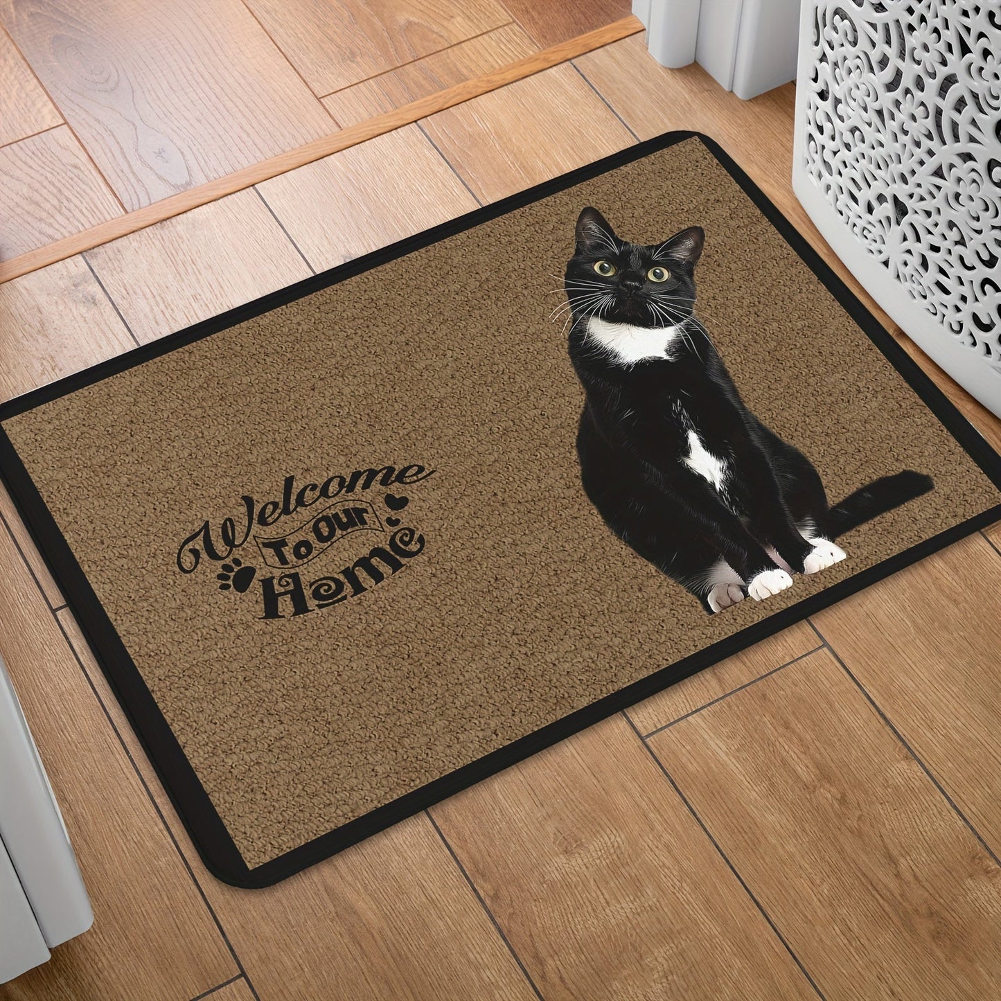 Cat Pattern Door Mat, featuring a Non-Slip Base, Stain Resistant, and Quick Drying properties. Suitable for Indoor and Outdoor use in areas such as the Kitchen, Entryway, Living Room, Balcony, Laundry Room, and more. Enhance your Home Decor with this