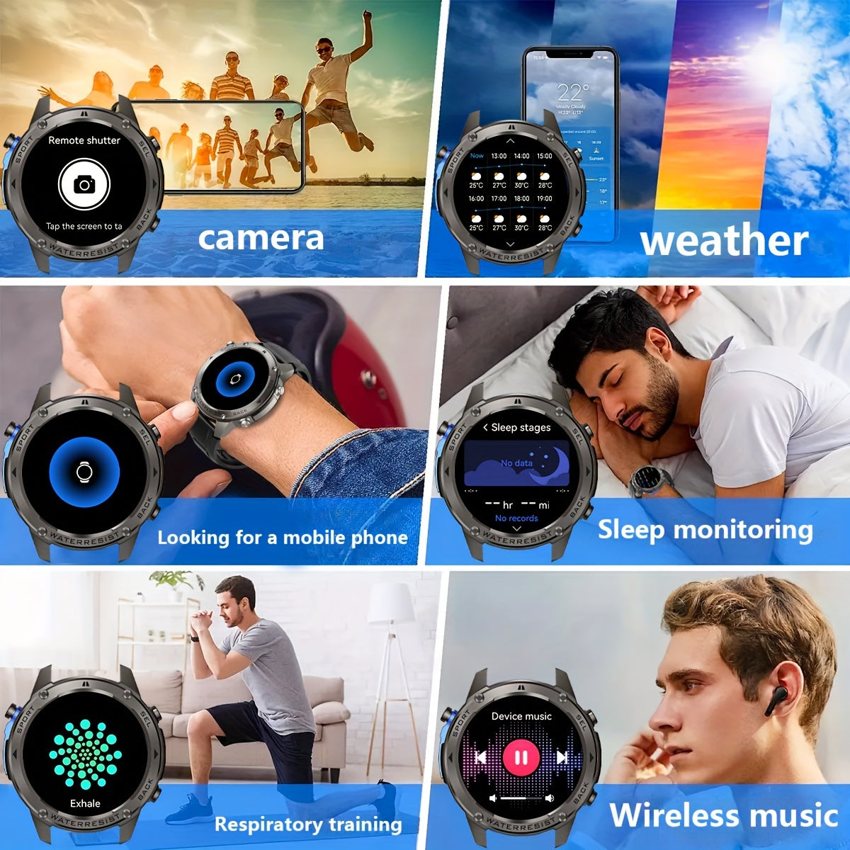 GPS smart watch for outdoor enthusiasts with compass, altitude, swimming, triathlon modes, and 170+ sports modes. Features include automatic motion pattern recognition, ATS3085L chip, and