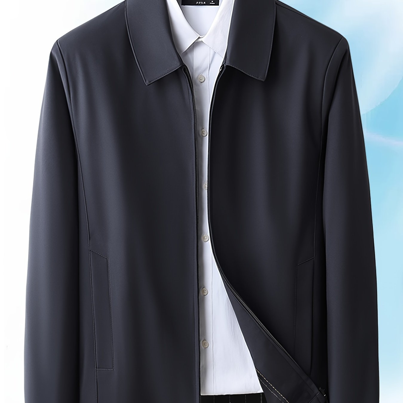 Solid color polyester jacket for men, regular fit with long sleeves, lapel collar, zipper closure, non-stretch fabric, suitable for all seasons and casual weekend wear.