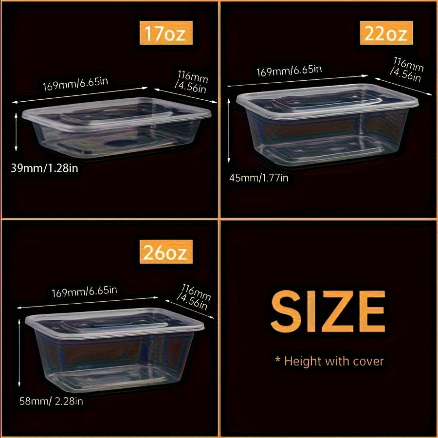 10 to 30 pieces of transparent plastic containers with lids in sizes 17, 22, and 26 ounces. These rectangular food storage containers are BPA free, stackable, leak-proof lunch boxes that are also microwave safe. Perfect for kitchen gadgets and