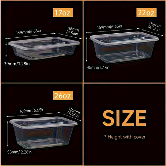 10 to 30 pieces of transparent plastic containers with lids in sizes 17, 22, and 26 ounces. These rectangular food storage containers are BPA free, stackable, leak-proof lunch boxes that are also microwave safe. Perfect for kitchen gadgets and