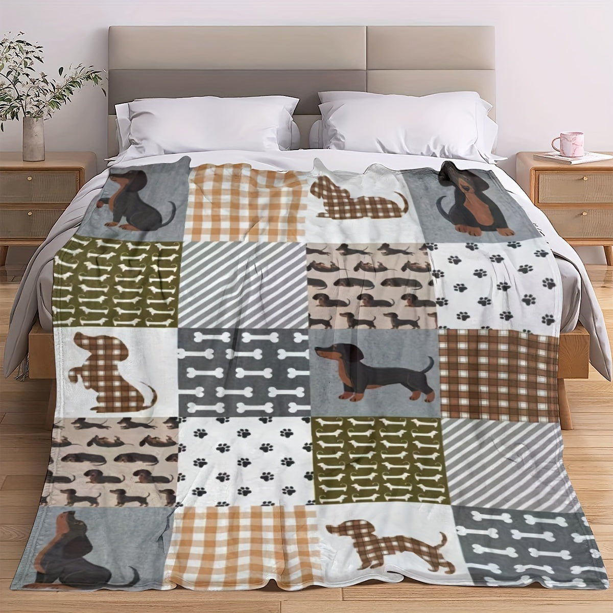 Modern Dachshund Dog Printed Flannel Throw Blanket, Cozy Lightweight All-Season Gift for Pet Lovers, Perfect for Bed, Sofa, Chair, Living Room Decor. Featuring Animal Theme Digital Print on Soft Polyester Material, Crafted with Versatile Knit Fabric.