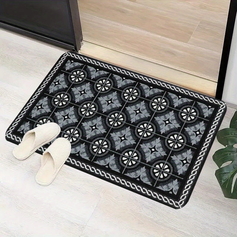 One piece of kitchen mat measuring 1.1cm thick, made from non-slip, durable, and stain-resistant polyester fiber. Features a simple pattern print suitable for use in the kitchen, living room, porch, balcony, or as home décor. Easy to clean as it is