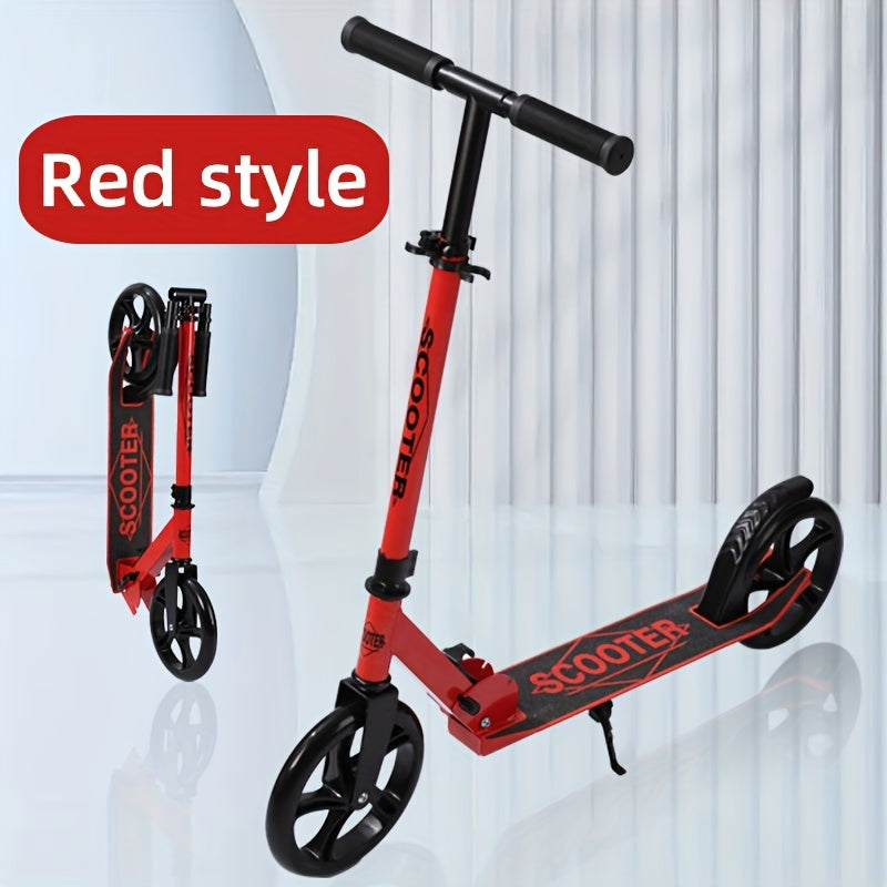 Adult kick scooter with iron frame, foldable design, rear brake, front suspension, anti-slip solid tires, adjustable height - ideal for commuters ages 14+ with maximum load of 100kg.