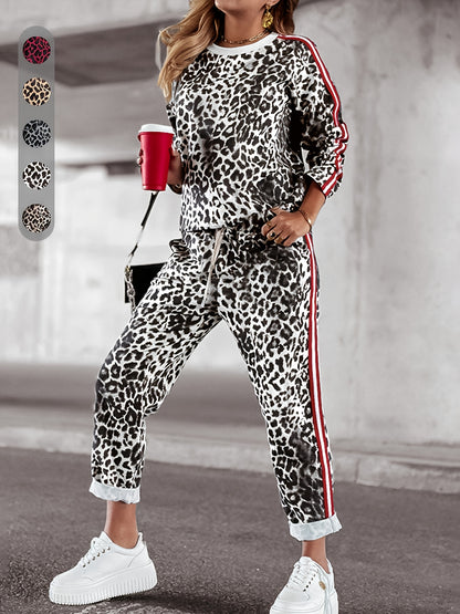 Women's two-piece set for spring and autumn, featuring a soft and comfortable long sleeve top and pants with a loose fit and stylish leopard print. Ideal for commuting with added pockets.