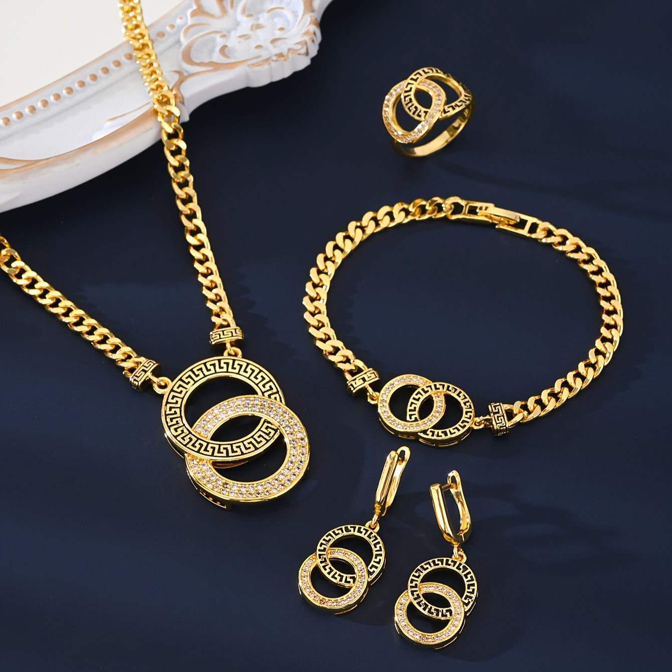 MEIZ 18K Golden Plated Jewelry Set - 5 Pieces, Arabian Style with Synthetic Zirconia, Copper Material, Luxury Gift for Women. Includes Necklace, Earrings, and Bracelet. Perfect for Parties, Weddings, and Valentine's Day. Suitable for All Seasons.