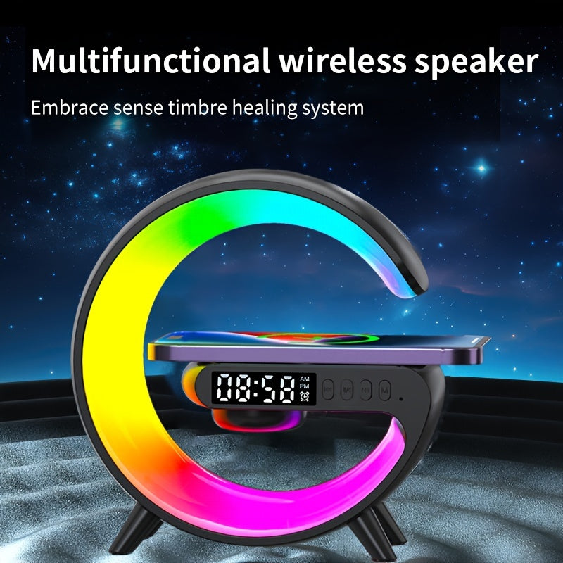 VIKEFON RGB Rhythm Wireless Speaker is a portable speaker with fast charging and a variety of features including an alarm clock, wake up light, table lamp, and smart light. Compatible with