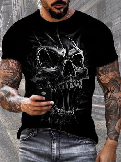 Men's Edgy 3D Skull Print T-Shirt in Black - Crew Neck, Short Sleeve, Polyester Blend, Machine Washable. Perfect for Summer Fashion and Everyday Comfort. Features Stretchy Fabric. Available