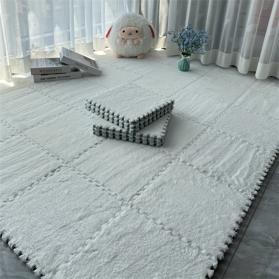 Creative Puzzle Interlocking Carpet Set includes 12 pieces of solid color square bedside mats. Each mat measures 29.97x29.97 cm and is hand washable. Made of polyester, this set makes a stylish addition to your home decor.