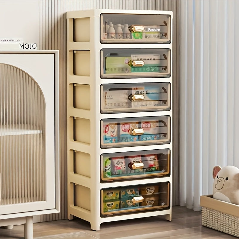 Rolling storage cabinet with drawers in white with transparent fronts, golden handles. Ideal for office, living room, bedroom. Perfect for snacks, documents, underwear, cosmetics. Great for