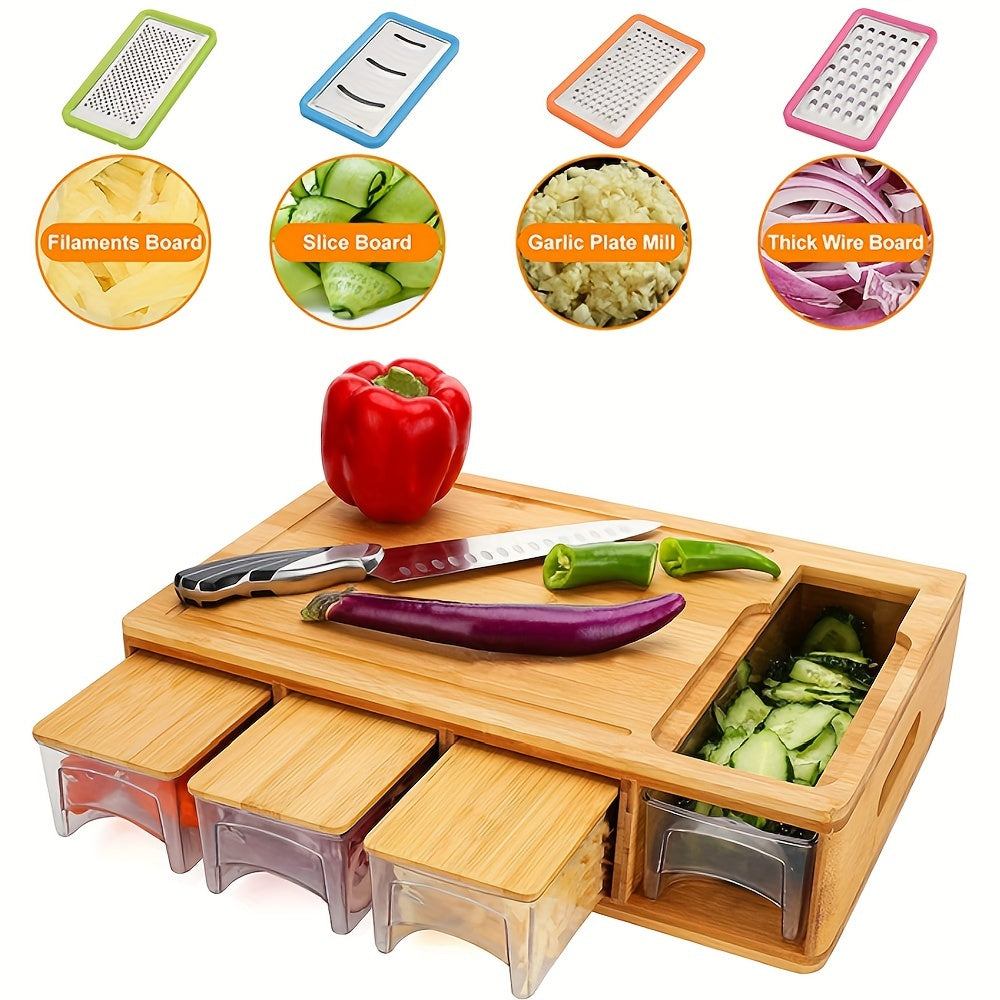 Bamboo Chopping Board with Drawer Containers, Graters, and Juice Grooves - Kitchen Organizer with Storage, Easy to Clean, Food Safe Wood Board with Handle Design