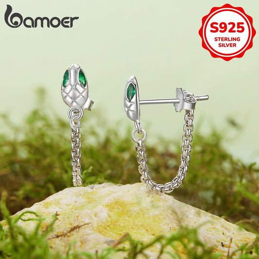 Vintage punk style 1 pair of GAMOER chic snake tassel hoop earrings for women featuring green gemstone eyes. Made of hypoallergenic 925 sterling silver, perfect for music festivals and parties.