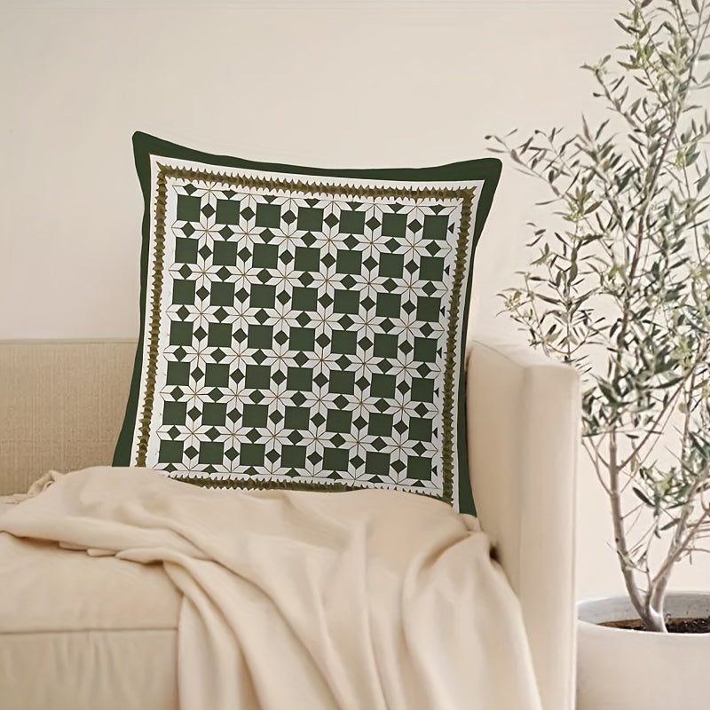 Chic geometric green throw pillow cover with charming design, 44.96x44.96cm in size. This reversible cover features a double-sided print and zipper closure for easy use. Made of machine-washable polyester, perfect for adding a touch of style to any room