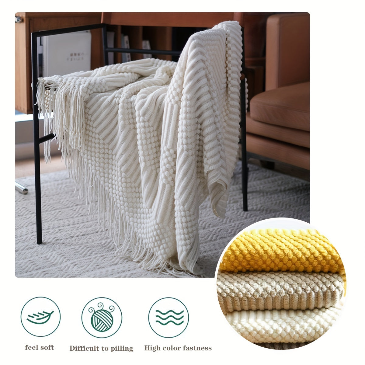 Soft and warm throw blanket for all seasons, perfect for the sofa, bed, car, or as a bed tail blanket. Features knitted tassels and multifunctional design.